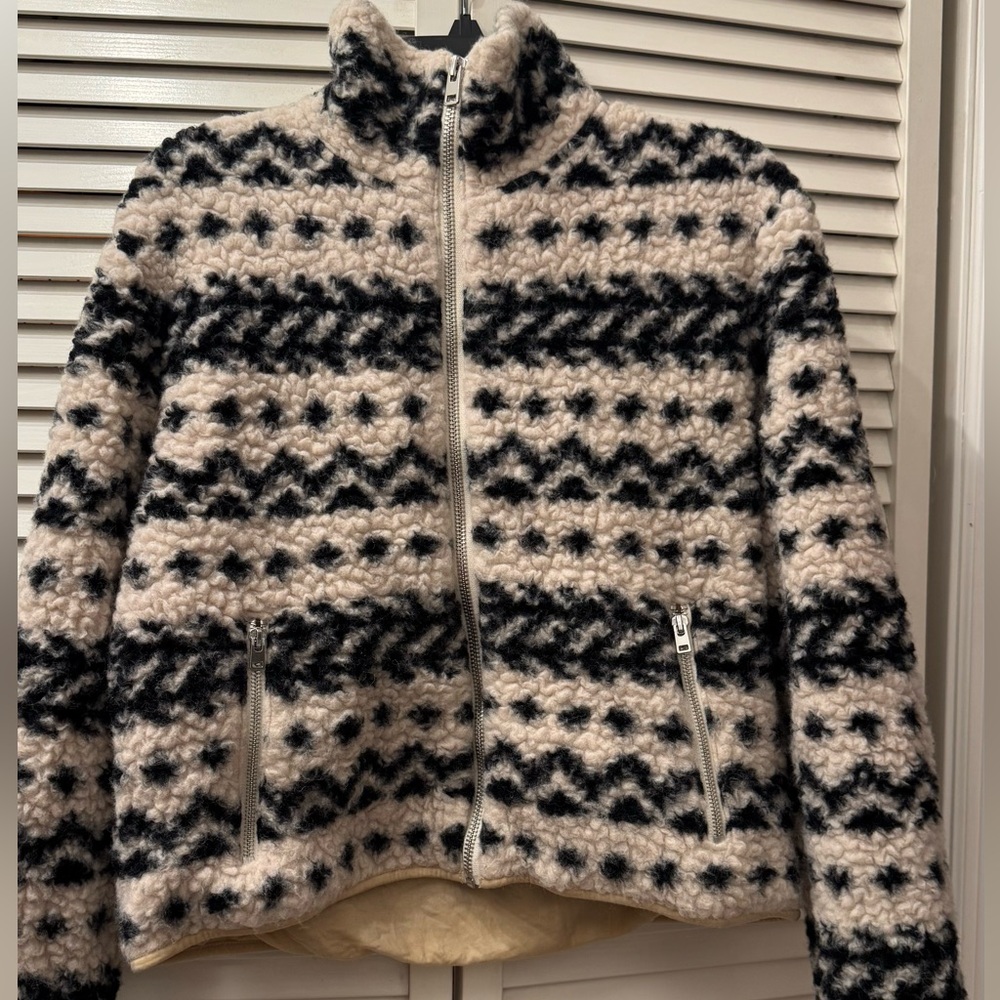 J. Crew Wool Black and Cream Aztec Patterned Teddy Zip-Up Jacket XXS Women’s